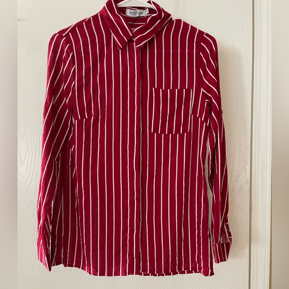 MISSLOOK women’s striped button down roll-up sleeve blouse red small